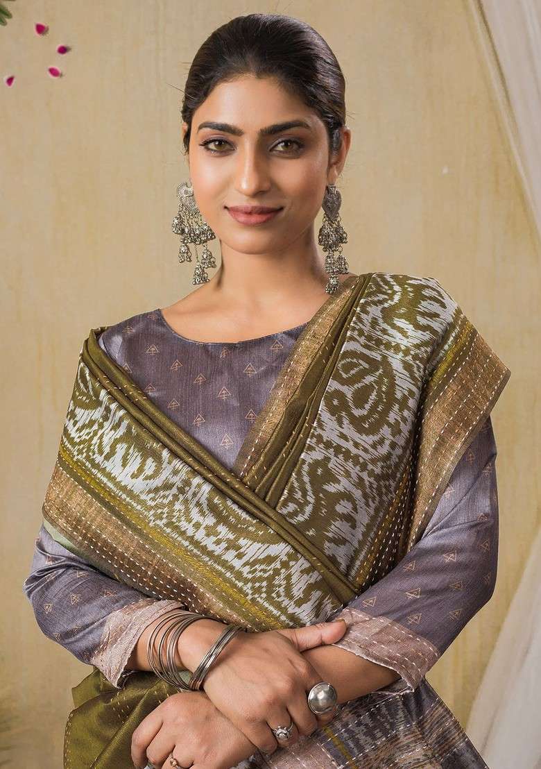 Olive Blended Saree Set with Embroidered for Diwali | Wedding & Festive Wear - Indya