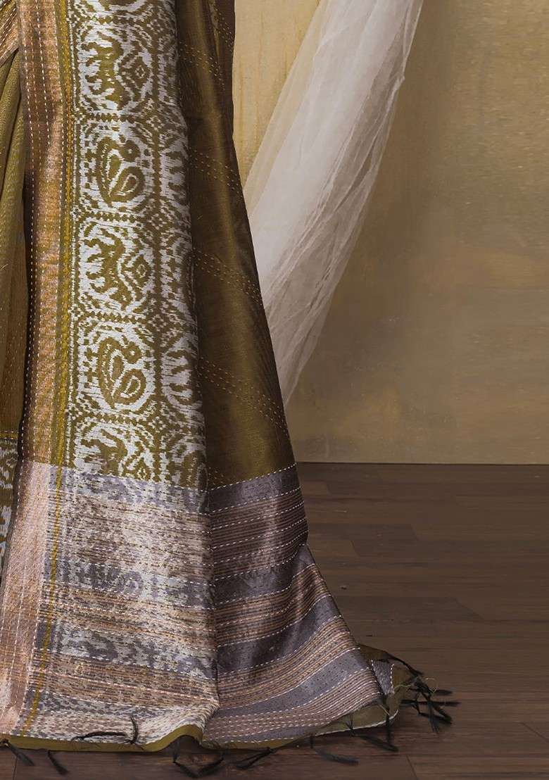 Olive Blended Saree Set with Embroidered for Diwali | Wedding & Festive Wear - Indya