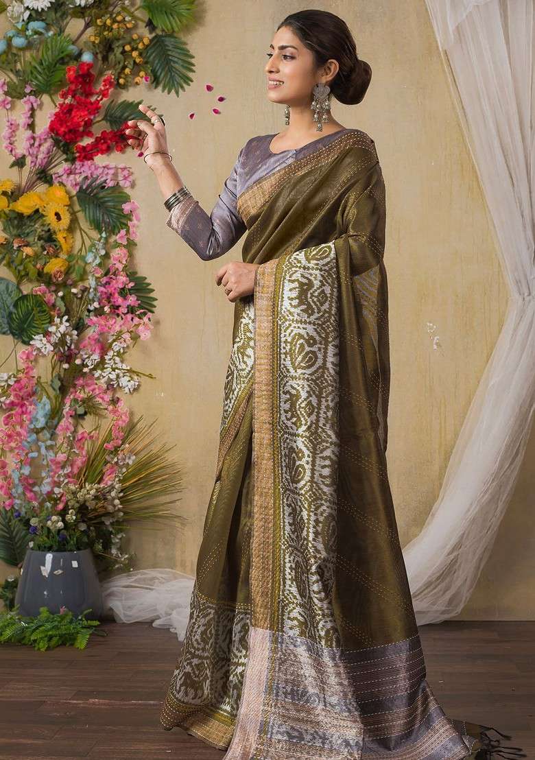 Olive Blended Saree Set with Embroidered for Diwali | Wedding & Festive Wear - Indya