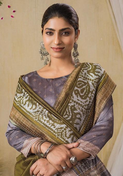 Olive Embroidered Blended Saree Set