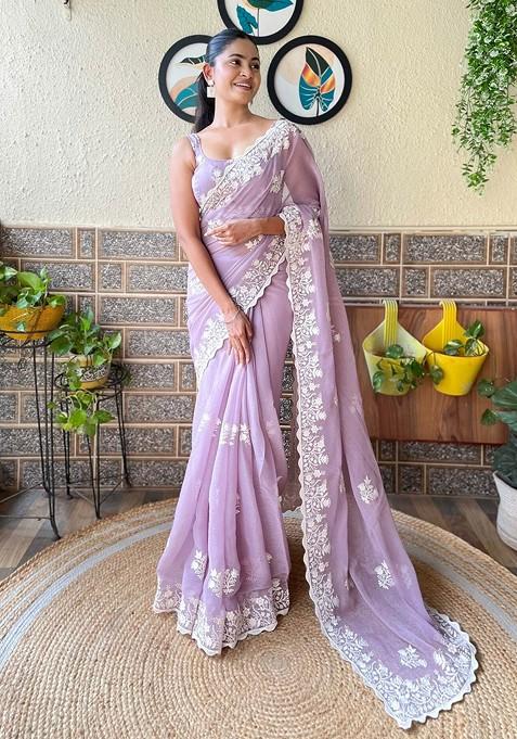 Purple Embroidered Blended Saree Set