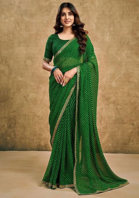 Green Embroidered Blended Saree Set