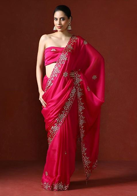 Pink Embellished Blended Saree Set