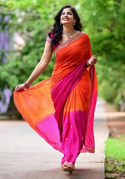 Orange Embellished Blended Saree Set — view on Indya
