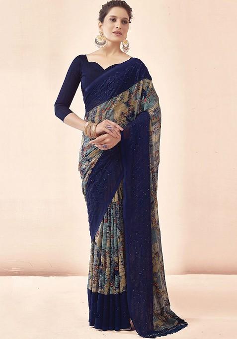 Navy Blue Printed Blended Saree Set — view on Indya