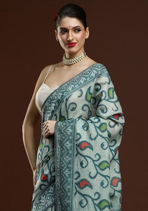 Blue Embroidered Blended Saree Set