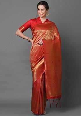 Red Embroidered Blended Saree Set