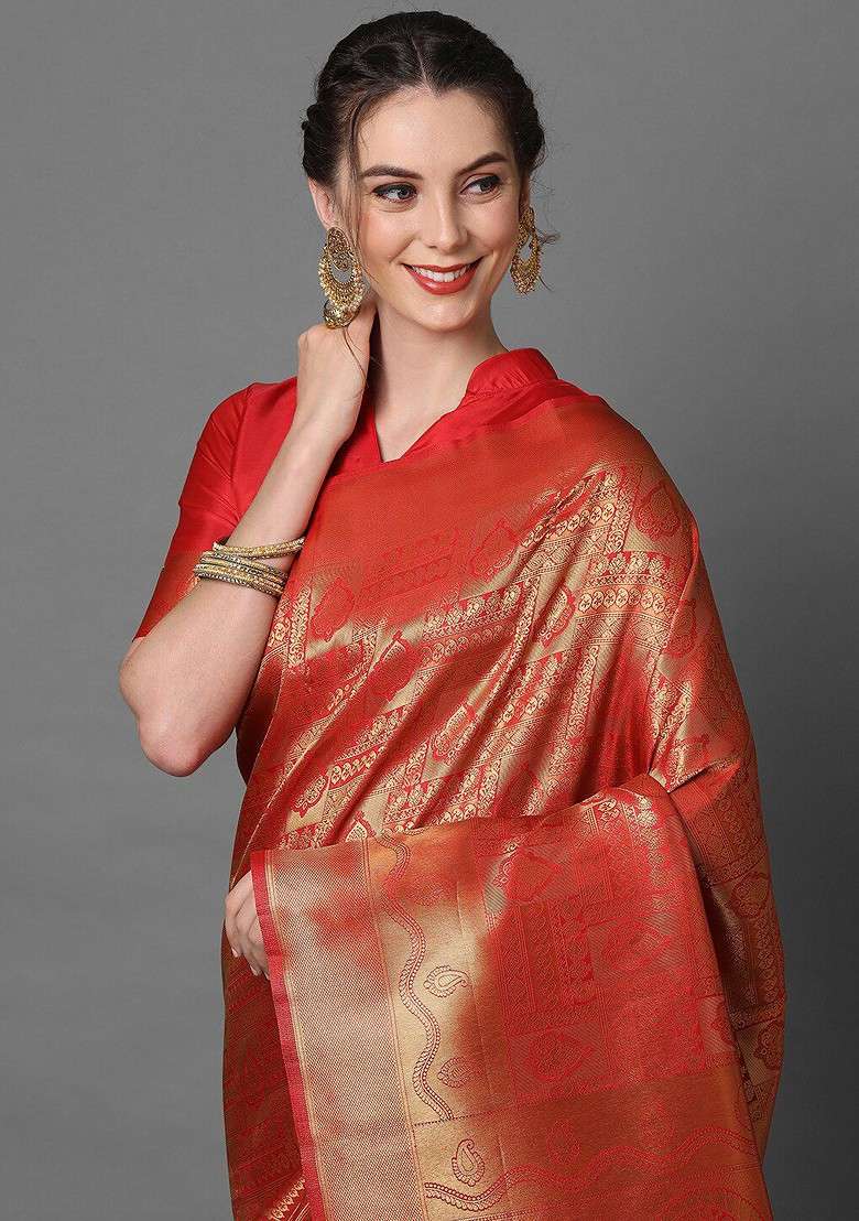 Red Embroidered Blended Saree Set - Indya
