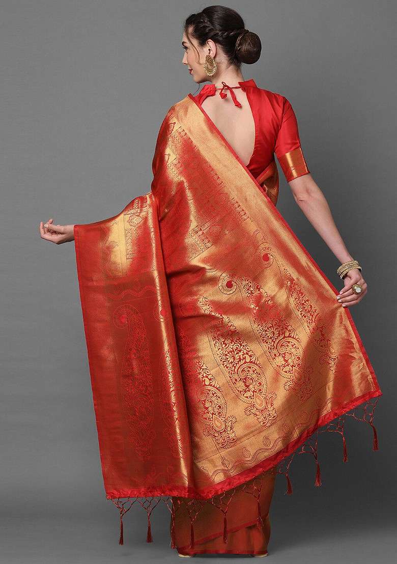 Red Embroidered Blended Saree Set - Indya