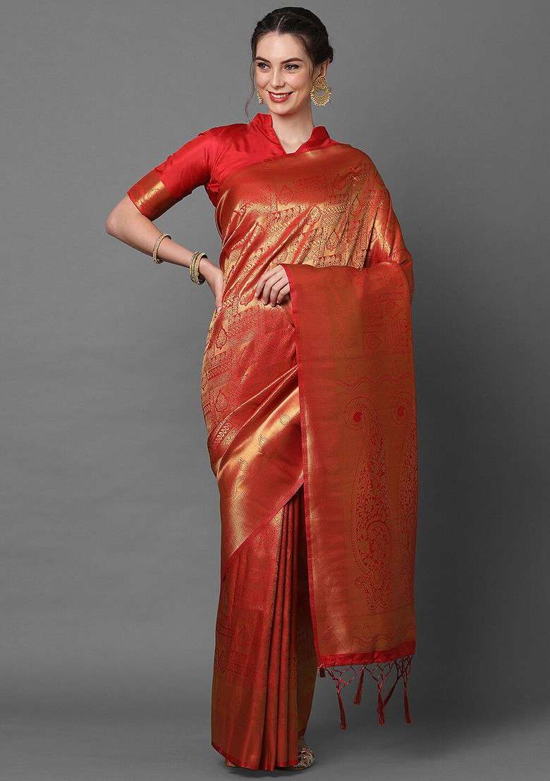 Red Embroidered Blended Saree Set - Indya
