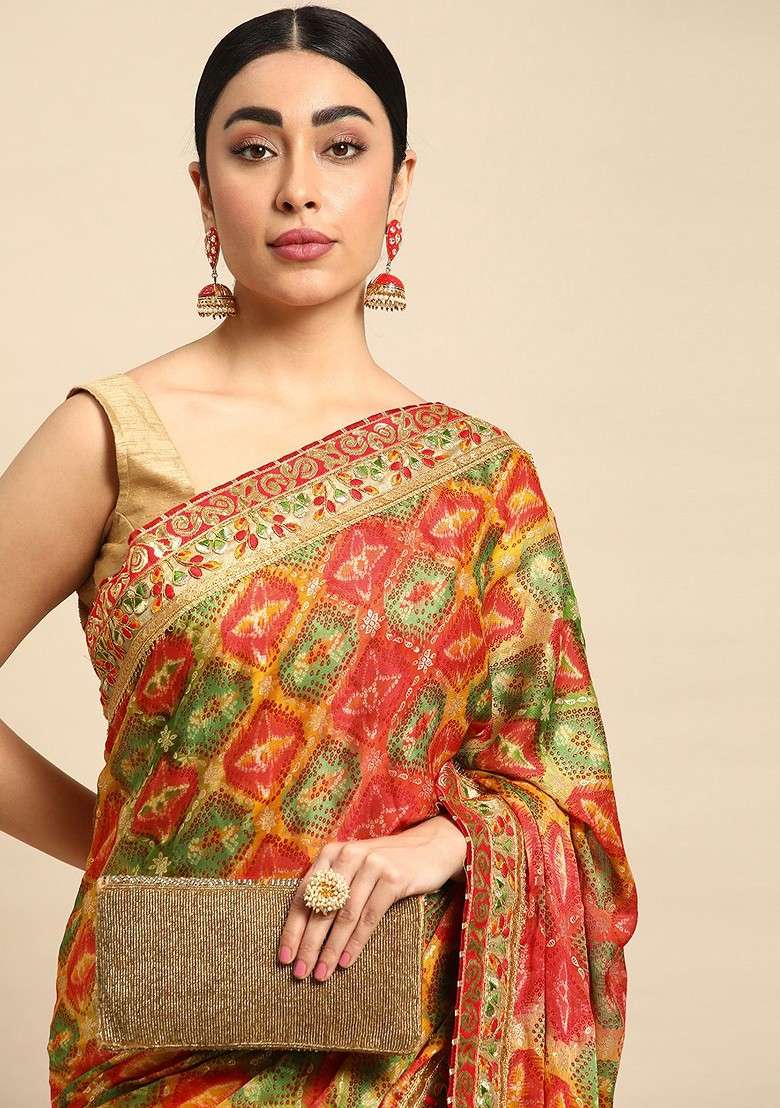 Yellow Printed Blended Saree Set for Diwali and Festive Wear - Indya