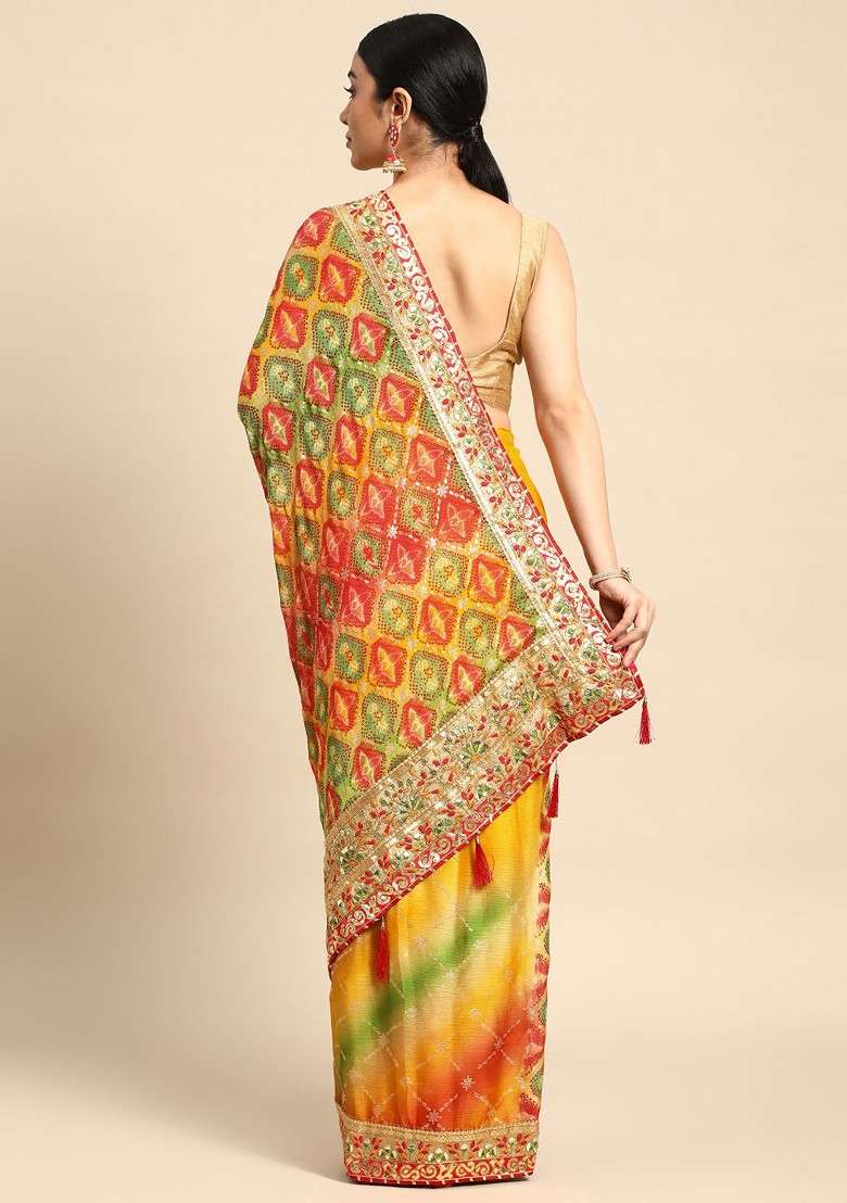 Yellow Printed Blended Saree Set for Diwali and Festive Wear - Indya