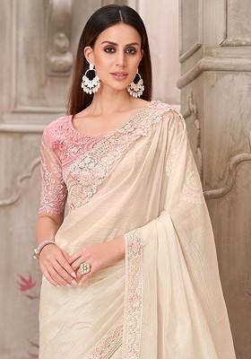 Off White Sequin Embellished Blended Saree Set
