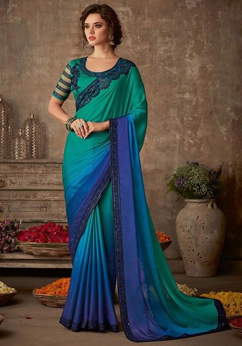 Teal Embroidered Blended Saree Set