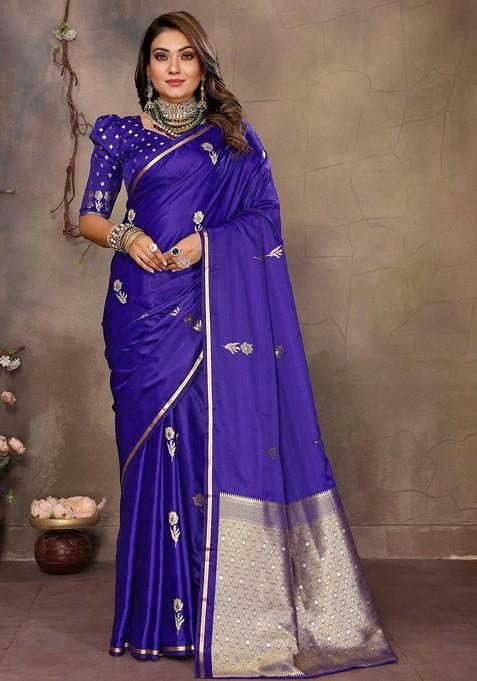 Navy Blue Jacquard Blended Saree Set