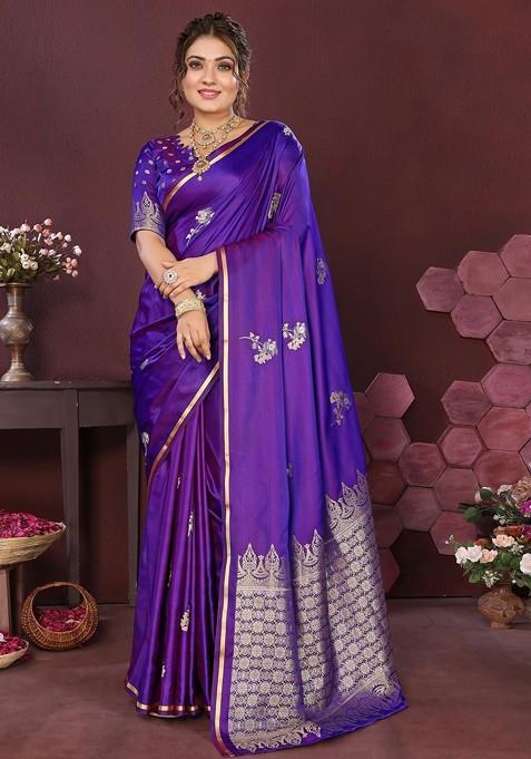 Purple Jacquard Blended Saree Set — view on Indya