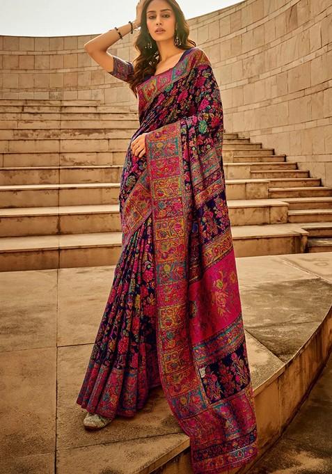 Navy Blue Printed Blended Saree Set — view on Indya