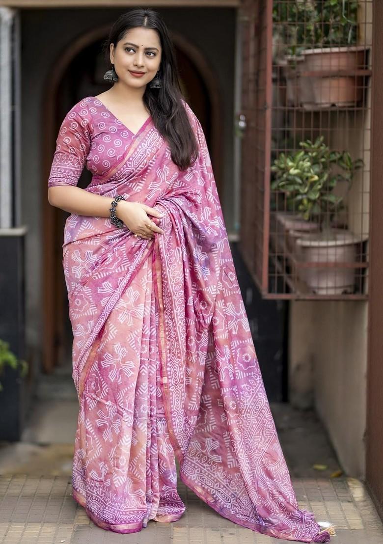 Pink Batik Printed Blended Saree Set