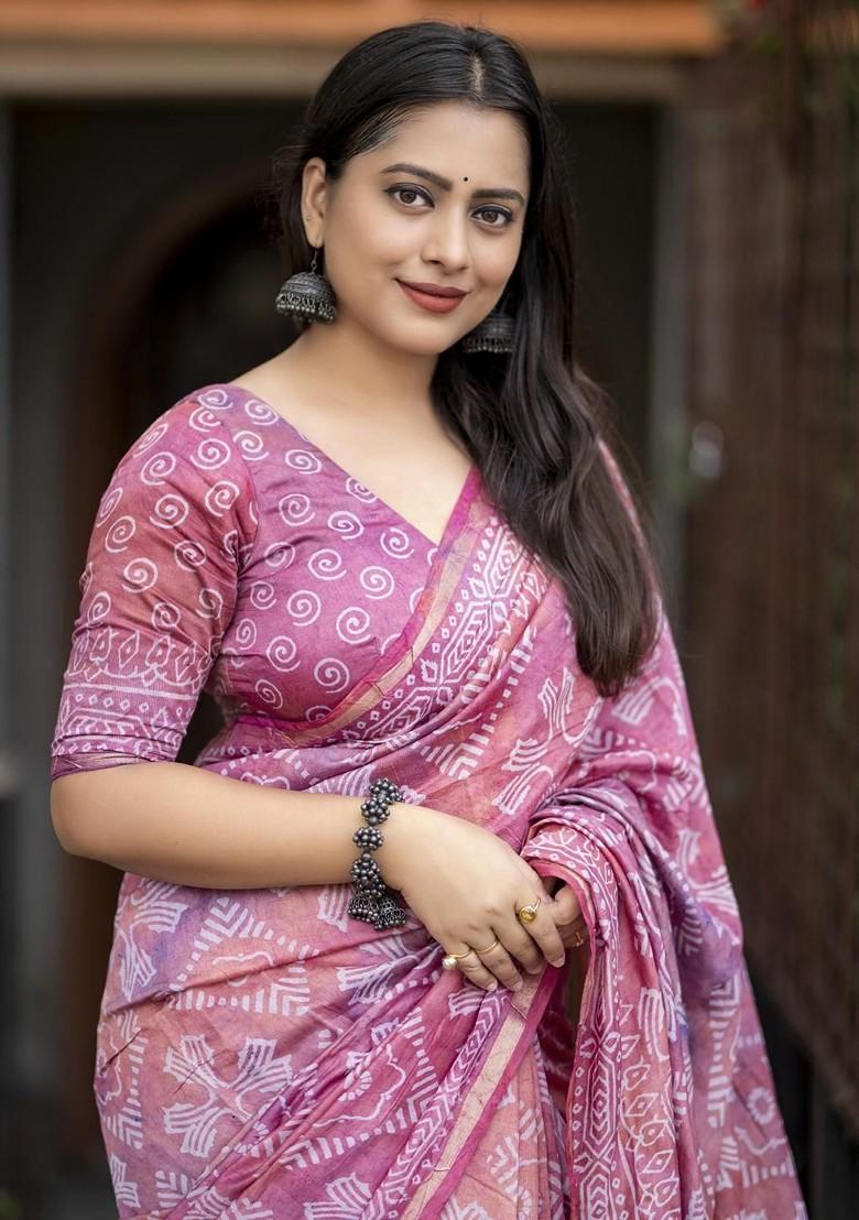 Pink Batik Printed Blended Saree Set