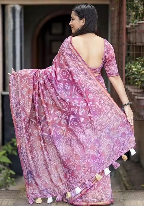Pink Batik Printed Blended Saree Set
