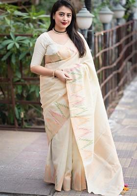 Off White Embroidered Blended Saree Set
