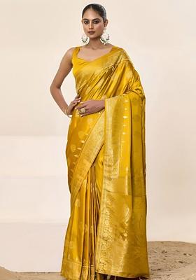 Mustard Embroidered Blended Saree Set