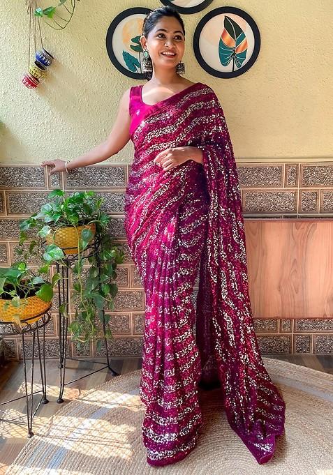 Purple Sequin Embellished Blended Saree Set — view on Indya