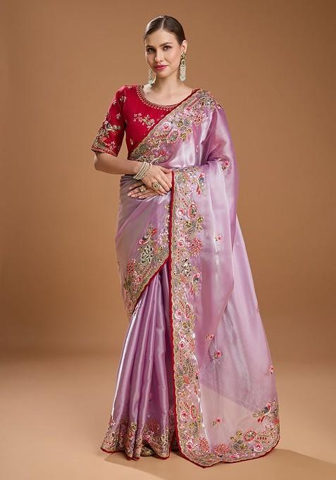 Lavender Sequin Embellished Blended Saree Set — view on Indya