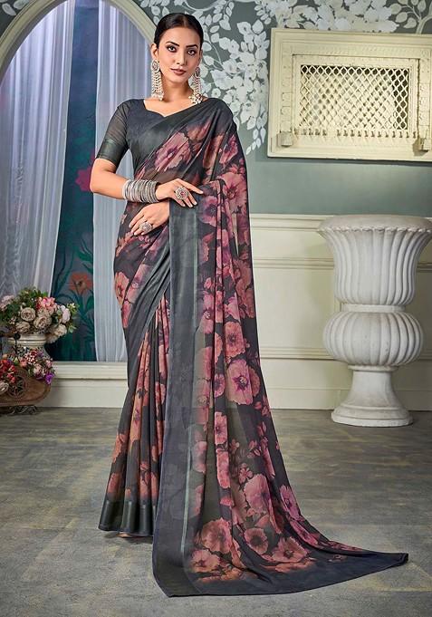 Grey Printed Blended Saree Set — view on Indya