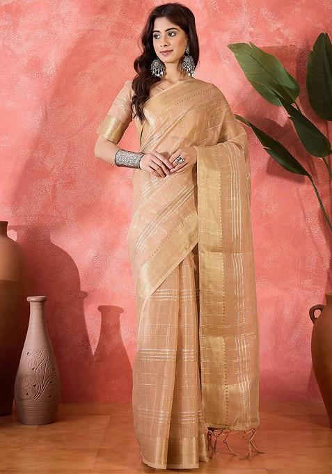 Beige Embroidered Blended Saree Set