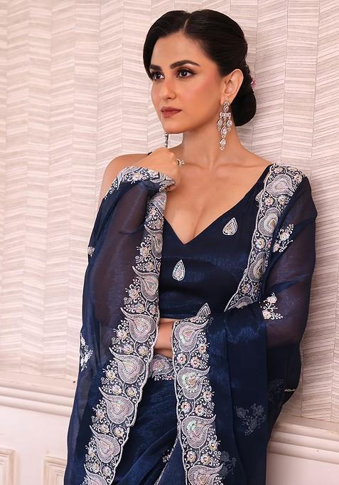 Teal Printed Blended Saree Set