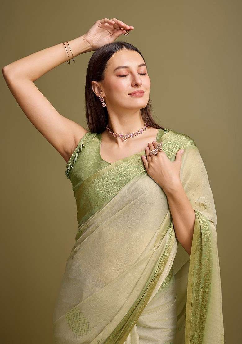 Olive Blended Saree Set with Embroidered for Diwali | Wedding & Festive Wear - Indya