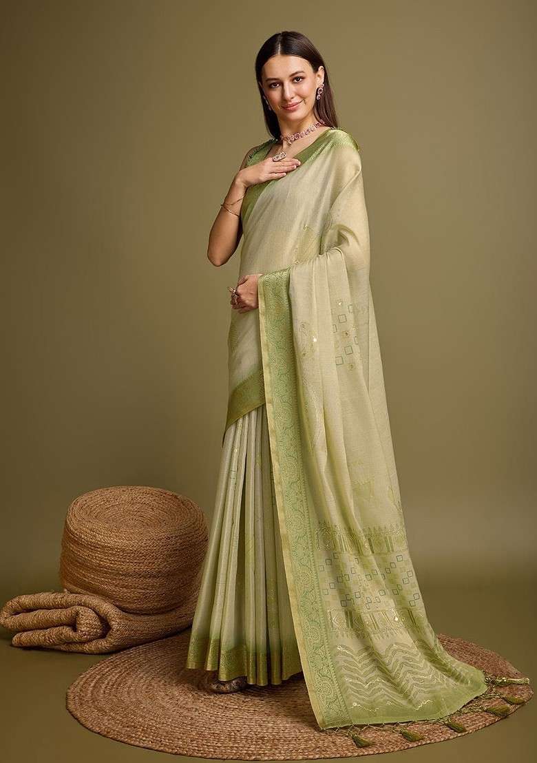 Olive Blended Saree Set with Embroidered for Diwali | Wedding & Festive Wear - Indya