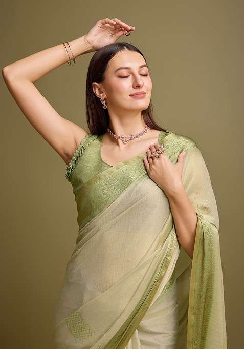 Olive Blended Saree Set with Embroidered for Diwali | Wedding & Festive Wear