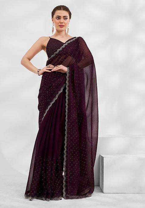 Burgundy Embellished Blended Saree Set — view on Indya