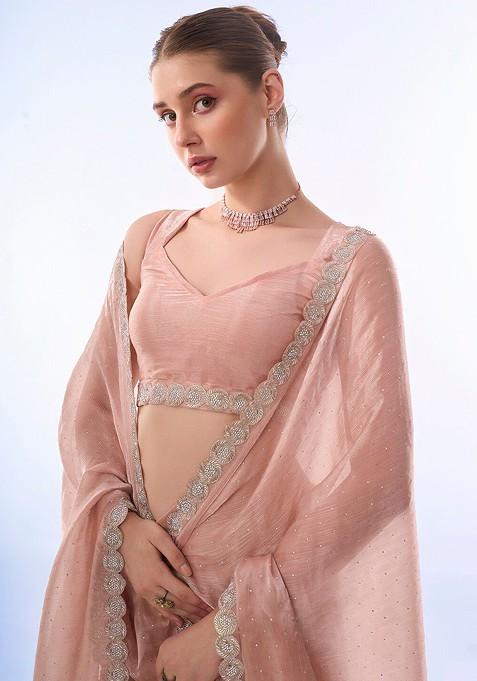 Peach Embellished Blended Saree Set — view on Indya