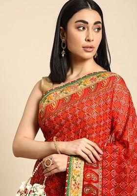 Red Printed Blended Saree Set