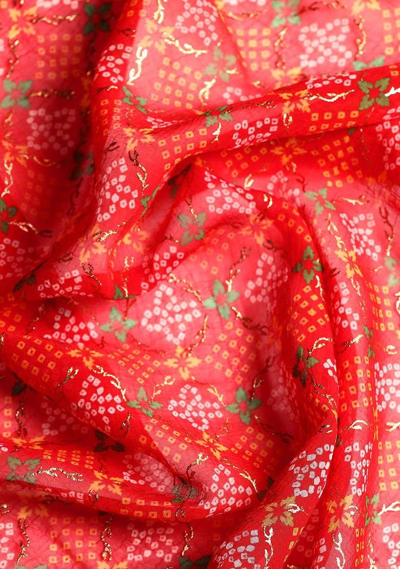 Red Blended Saree Set with Printed for Diwali | Wedding & Festive Wear - Indya