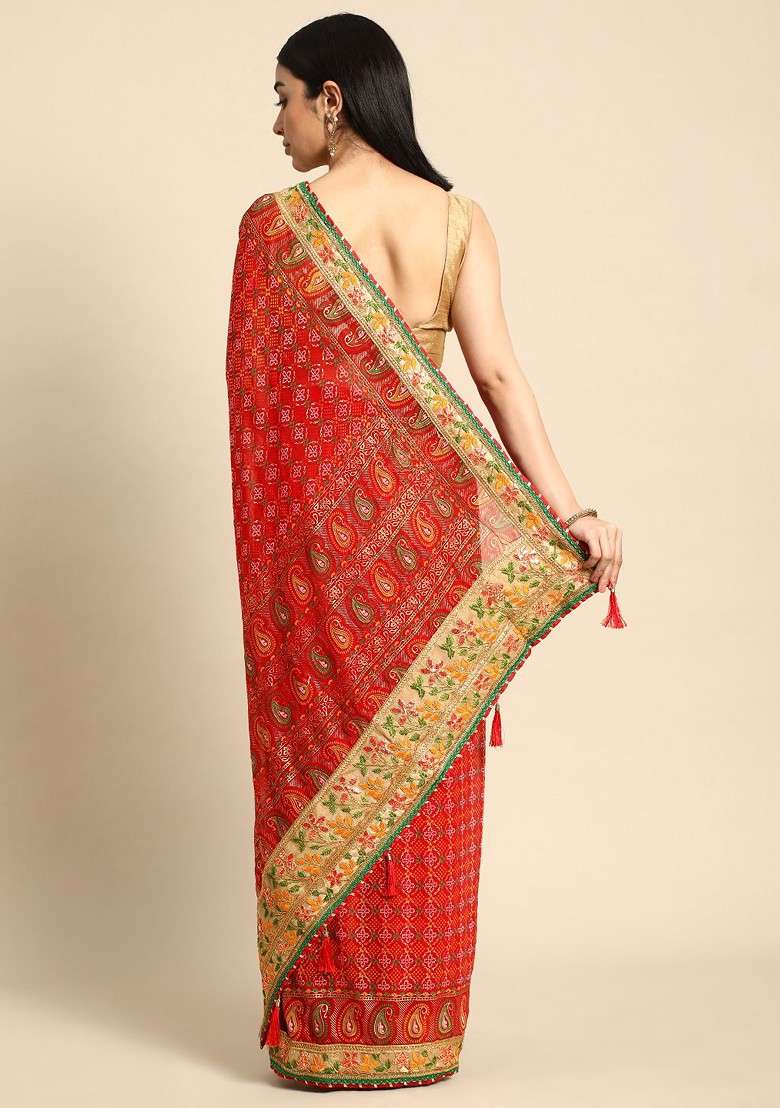 Red Blended Saree Set with Printed for Diwali | Wedding & Festive Wear - Indya