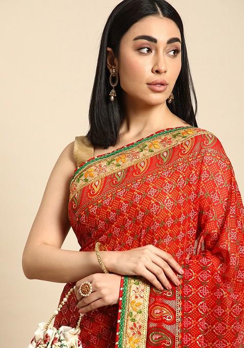 Red Printed Blended Saree Set — view on Indya