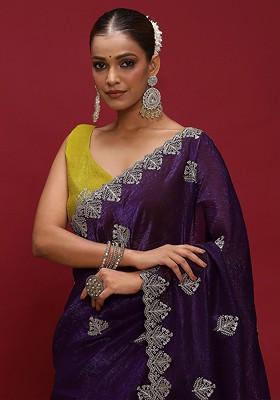 Purple Embroidered Blended Saree Set