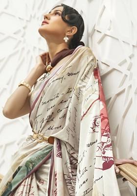 Cream Embroidered Blended Saree Set