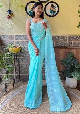 Blue Embellished Blended Saree Set