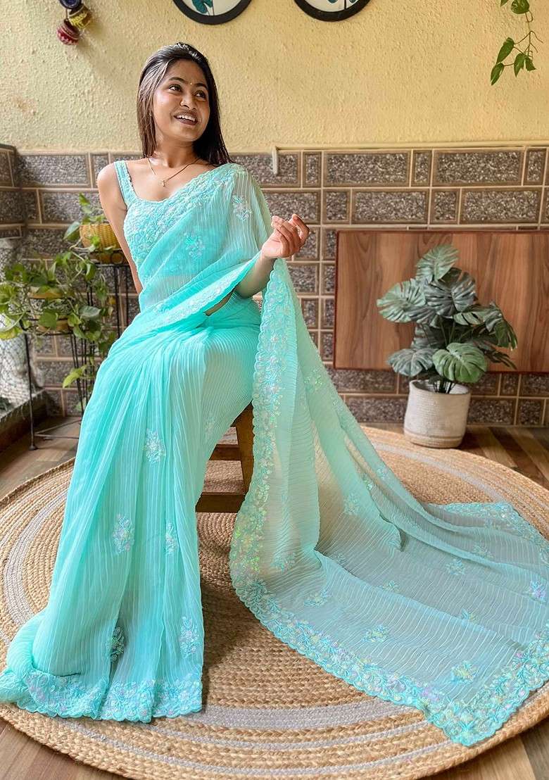 Blue Embellished Blended Saree Set for Diwali and Festive Wear - Indya