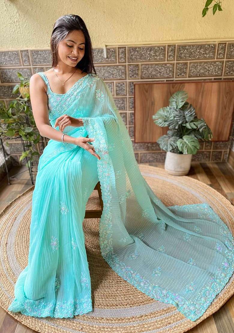 Blue Embellished Blended Saree Set for Diwali and Festive Wear - Indya