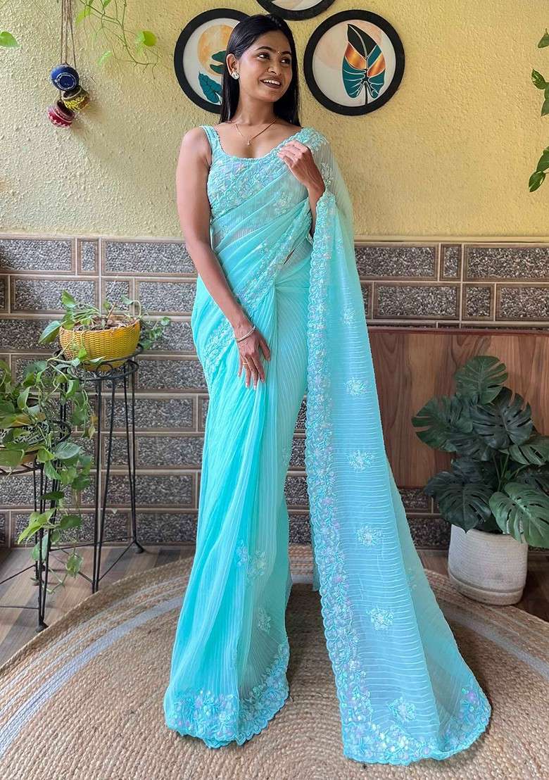 Blue Embellished Blended Saree Set for Diwali and Festive Wear - Indya