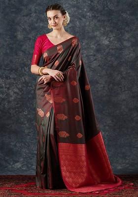 Brown Embroidered Blended Saree Set
