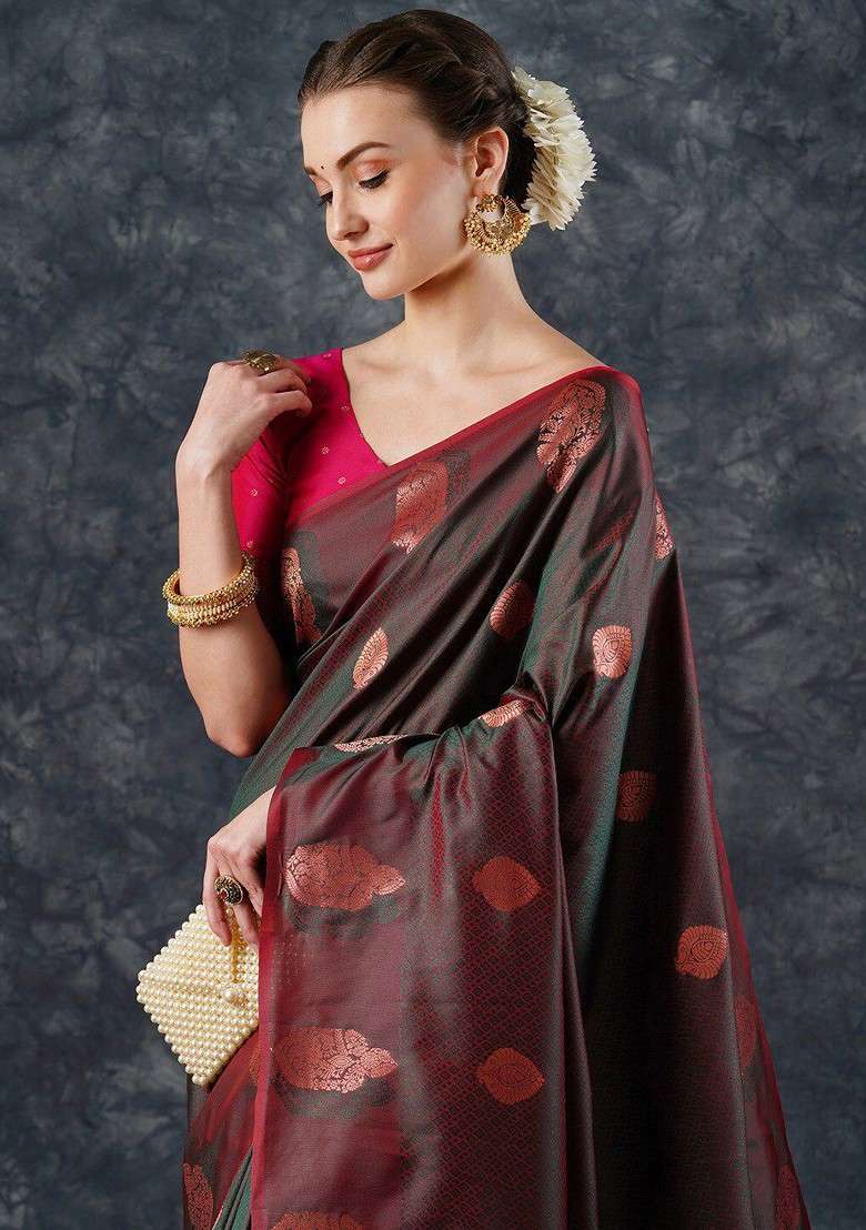 Brown Embroidered Blended Saree Set - Indya