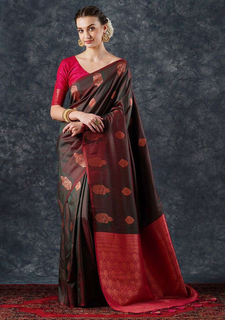Brown Embroidered Blended Saree Set - Indya