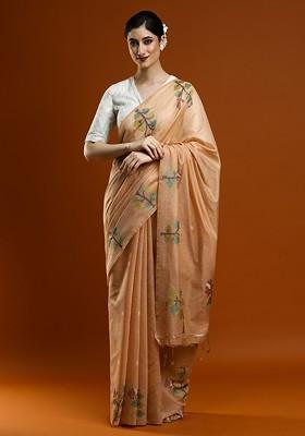 Beige Embroidered Blended Saree Set